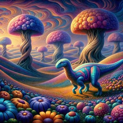 The primary subject of the image is a colorful, surreal landscape featuring a dinosaur walking through a field of mushrooms. The setting is a vibrant, imaginative world with a mix of natural elements and fantasy. The visual style is a combination of digital art and illustration, creating a unique and captivating scene. The colors and mood are lively and whimsical, with a strong emphasis on the vivid hues and the playful atmosphere.